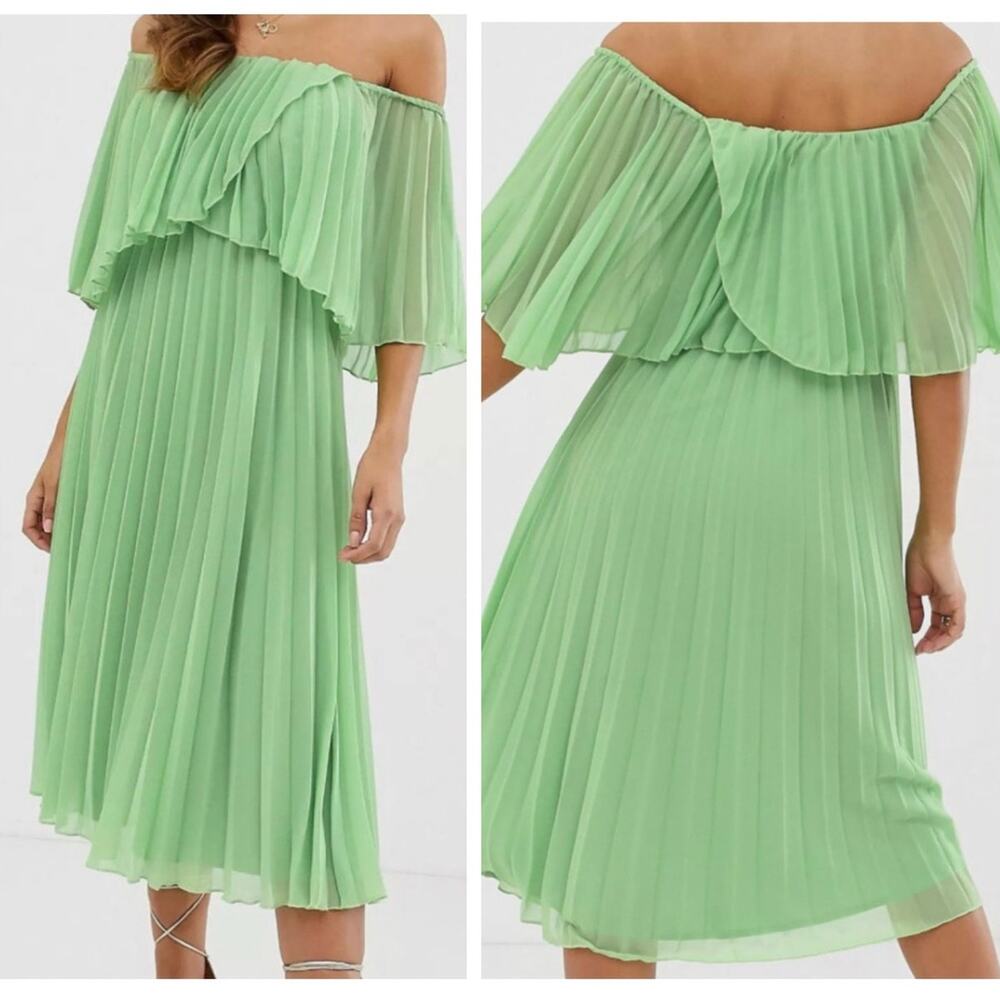 ASOS Pleated Bandeau Midi Dress 6 Green Off The Shoulder Chiffon Overlay New